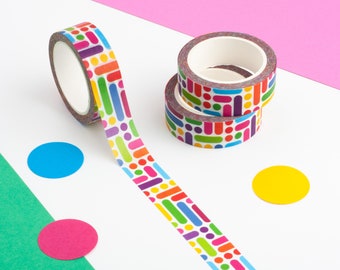 Rainbow Geometric Pattern Washi Tape, Colourful Dots and Dashes, Bright Planner Tape, Circle Patterned Decorative Tape, Vibrant Journal Tape