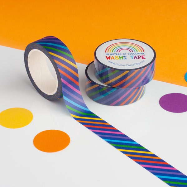 Buntes Streifen Washi Tape, Regenbogen gestreiftes Washi Tape, niedliches Washi Tape, lebendiges Papierklebeband, recycelbares Öko-Klebeband, dekoratives Journalklebeband