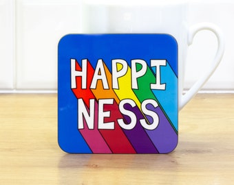Happiness Coaster, SALE - End Of Line, Happiness Gift, Rainbow Drinks Coaster, Happy Gift, Vibrant Colourful Coaster, Happy Thoughts Present