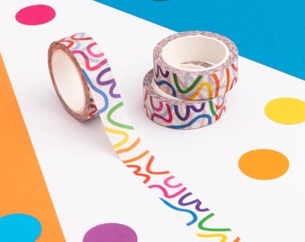 Rainbow Squiggles Pattern Washi Tape, Colourful Patterned Paper Tape, Wavy Lines Journal Tape, Bright Planner Tape, Cute Decorative Tape