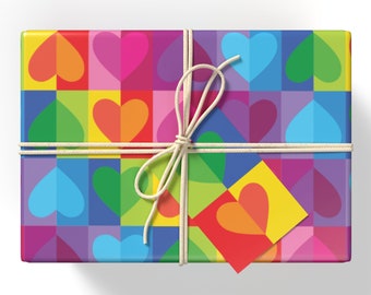 Rainbow Hearts Wrapping Paper, Colourful Anniversary Gift Wrap, Love Heart Gift Wrap, Cute Anniversary, Engagement, Wedding Gift Wrap