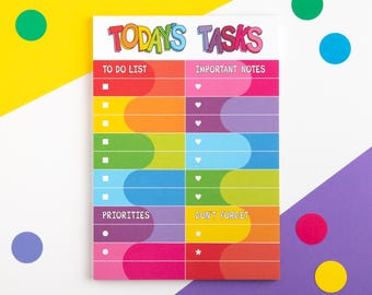 Today's Tasks A5 Daily Planner Pad, Daily Organiser Notepad, Rainbow To Do List, WFH Desk Pad, Colourful Everyday Planner, Productivity Pad