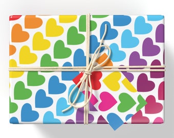 Love Heart Gift Wrap, Rainbow Hearts Anniversary Wrapping Paper, Colourful Birthday Day Gift Wrap, Recyclable Luxury Anniversary Gift Wrap