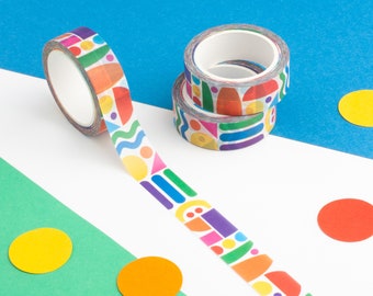 Geometric Shapes Washi Tape, Rainbow Shapes Washi Tape, Retro Patterned Paper Tape, Colourful Decorative Tape, Funky Pattern Journal Tape