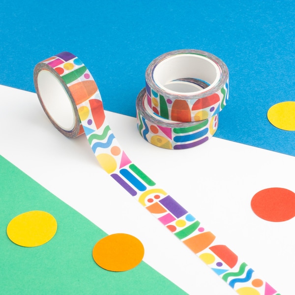 Geometric Shapes Washi Tape, Rainbow Shapes Washi Tape, Retro Patterned Paper Tape, Colourful Decorative Tape, Funky Pattern Journal Tape