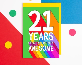 Carte 21e anniversaire, 21e carte pour lui, 21e carte pour elle, 21e carte d'anniversaire colorée, 21e carte pour fils, carte pour fille, 21e carte