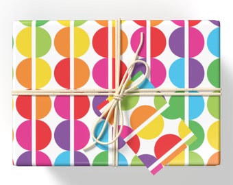 Colourful Circles Wrapping Paper, Retro Design Gift Wrap, Rainbow Luxury Wrapping Paper, Matching Gift Tags, Cute Anniversary Wrapping Paper