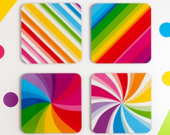 Rainbow Coaster Set, Set Of Four Colourful Coasters, Coaster Set of 4, Fun Drinks Coasters, Rainbow Tableware, Vibrant Rainbow Kitchenware