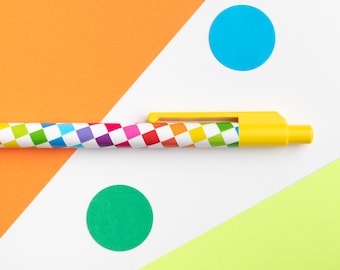 Colourful Checks Pen, Rainbow Pattern Pen, Retractable Pen with Yellow Trim, Cute Writing Pen, Patterned Journalling Pen, Black Ink Pen