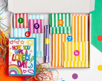 Set de papelería de 7 días para la cuenta regresiva de cumpleaños, set de papelería arcoíris, regalo de cumpleaños para un amigo, regalo para amantes de la papelería, caja de papelería colorida