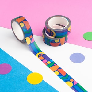 Bunte Geometrische Formen Washi Tape, Abstrakte Formen Washi Tape, Funky Gemustertes Papier Klebeband, Regenbogen Planner Tape, Helles Journaling Tape