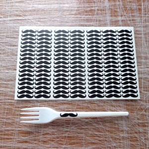 110 tiny mustache stickers ,  party supply. Vinyl. 1in (2.5cm)