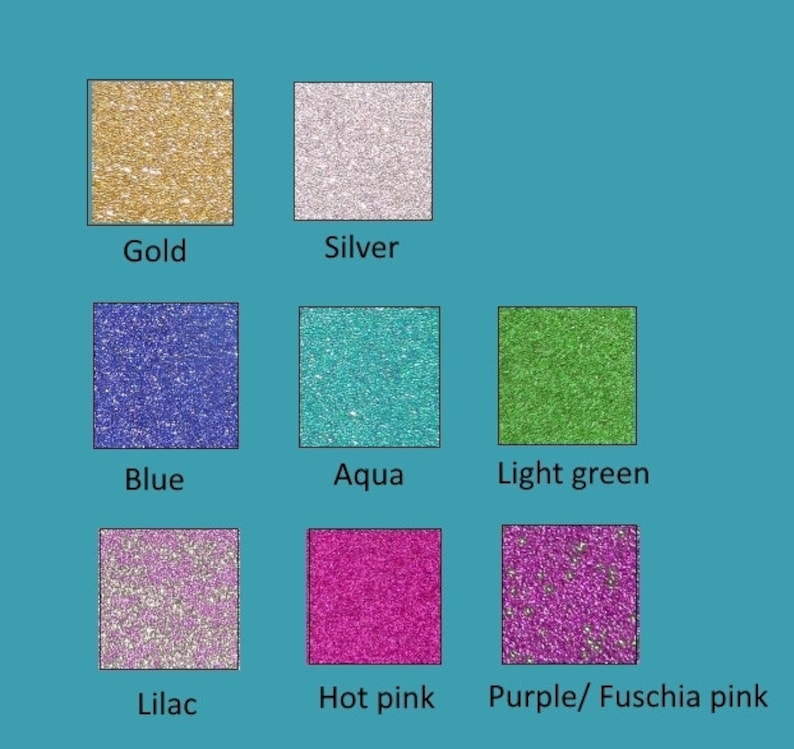 May include: Nine square swatches of glitter in different colors: gold, silver, blue, aqua, light green, lilac, hot pink, purple, and fuchsia pink.