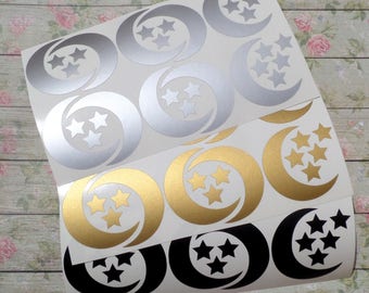 35 Moon + 60 Star stickers, star decals, gold envelope seal, ramadan, removable wallpaper, party decorations