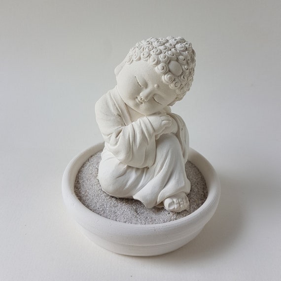 Miniature Little Meditation Monk with Small Dish Holder Set