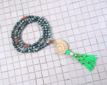 8MM Hand Knotted Natural Seraphinite, Carnelian and Yellow Ammonite 108 Mala Tassel Necklace