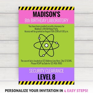 Girl Science Invitation, Girls Science Party Invitation, Girl Mad Scientist Birthday Invitation