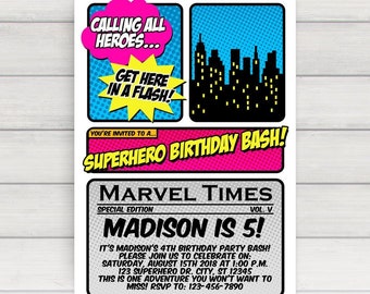 Girl Superhero Invitation, Girl Superhero Party Invitation, Girl Superhero Birthday Invitation