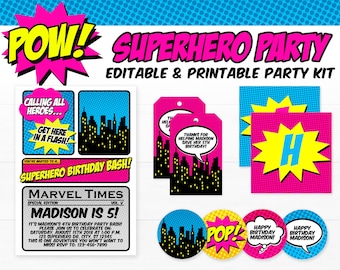 Girls Superhero Birthday Party Invitations & Decorations