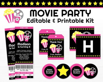 Movie Birthday Party Decorations Kit: Printable, Editable (Instant Download)