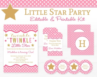 Twinkle Twinkle Little Star Party Decorations - Girls First Birthday Party - Printable Pink and Gold First Birthday Party - INSTANT DOWNLOAD