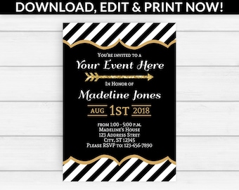 Black and Gold Invitation - Black and Gold Party Invitation - Black and Gold Graduation Invitation - Black and Gold Bridal Shower Invitation