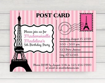 Paris Invitation, Paris Party Invitation, Paris Birthday Invitation, Paris Postcard Invitation