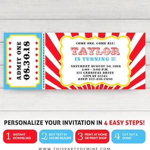 Carnival Ticket Invitation, Circus Party Invitation, Carnival Birthday Invitation, Circus Invitation image 1