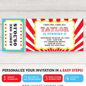 Carnival Ticket Invitation, Circus Party Invitation, Carnival Birthday Invitation, Circus Invitation