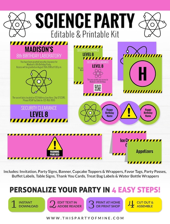 Treat Bag Toppers Personalize Science Party Girl Birthday Digital Pdf file Self Editable Instant Download Birthday Party Printable