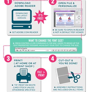 May include: A four-step guide to personalize a party. The steps are: download Adobe Reader, open the file and personalize, print, and cut out. The guide includes a star with the text "It's Free!" and a printer icon with the text "File > Print".