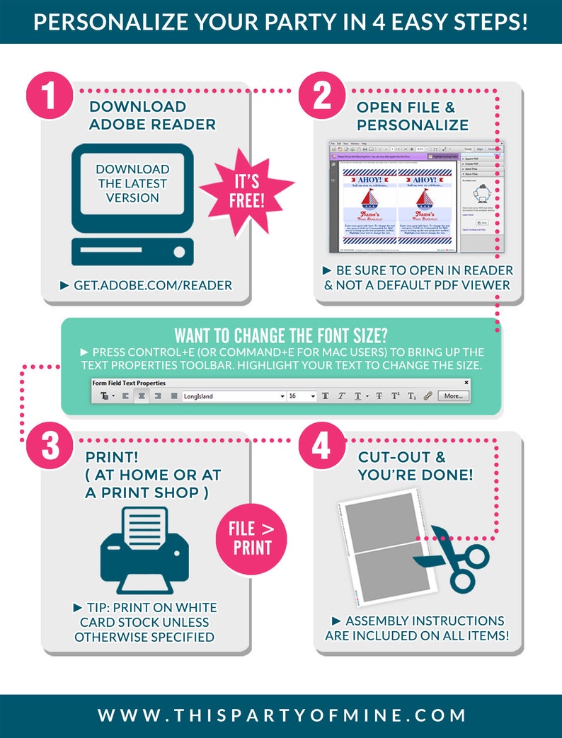 May include: A four-step guide to personalize a party. The steps are: download Adobe Reader, open the file and personalize, print, and cut out. The guide includes a star with the text "It's Free!" and a printer icon with the text "File > Print".
