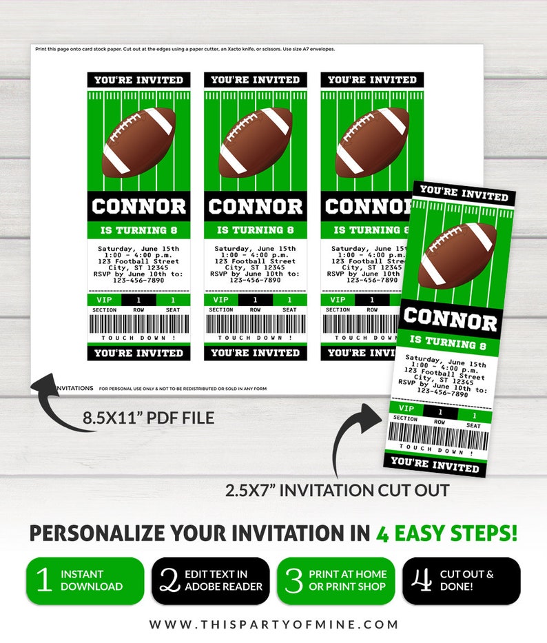 Football Invitation, Football Party Invitation, Football Birthday Invitation, Football Ticket Invitation image 2