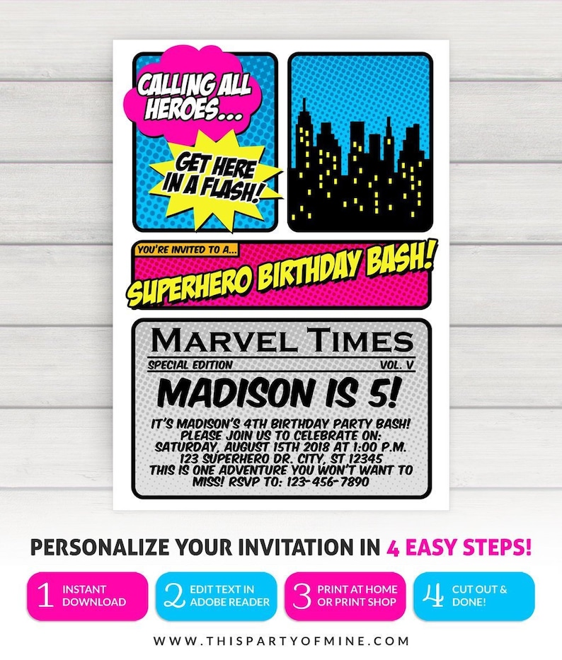 Girl Superhero Invitation, Girl Superhero Party Invitation, Girl Superhero Birthday Invitation image 1