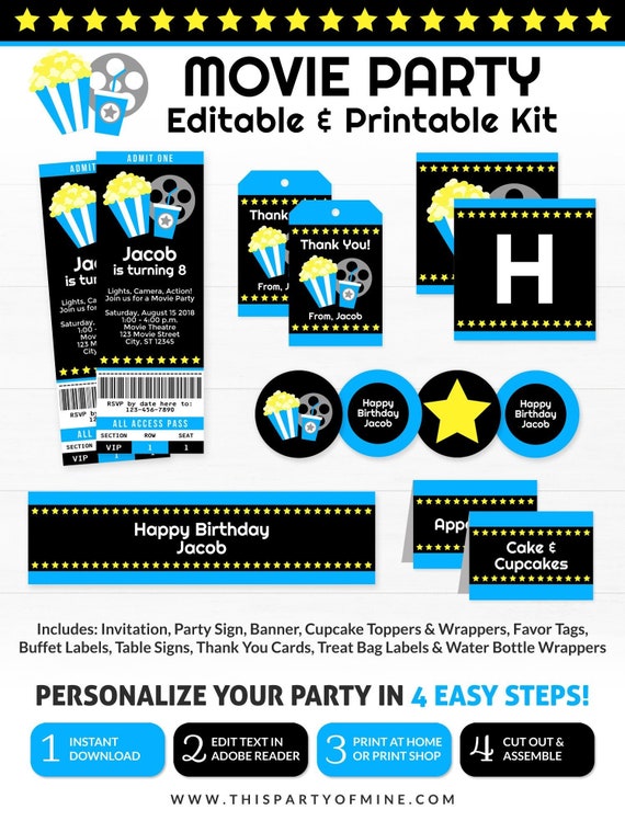 Movie Party Decorations - Movie Birthday Party - Printable Movie Night Party - INSTANT DOWNLOAD Il_570xn