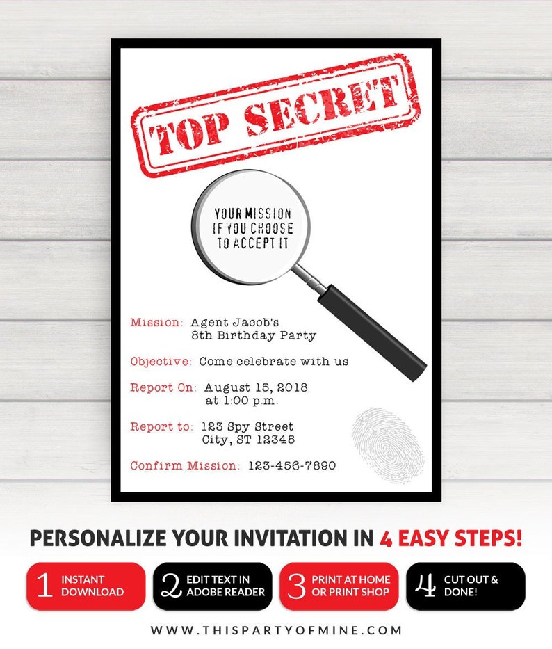 Spy Invitation, Spy Party Invitation, Spy Birthday Invitation image 1