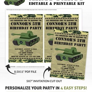 May include: Printable invitation for a 5th birthday party with a camouflage background and a cartoon tank. The text reads "All soldiers are to report to Connor's 5th Birthday Party".