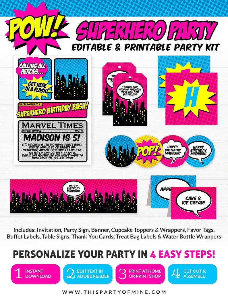 Girls Superhero Birthday Party Invitations & Decorations image 1