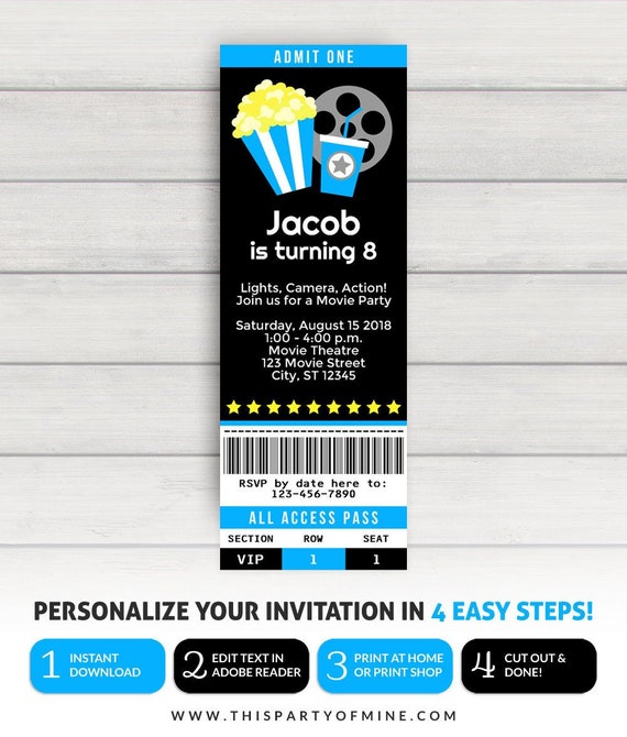 Movie Ticket Invitation, Movie Party Invitation, Movie Birthday Invitation Il_570xn