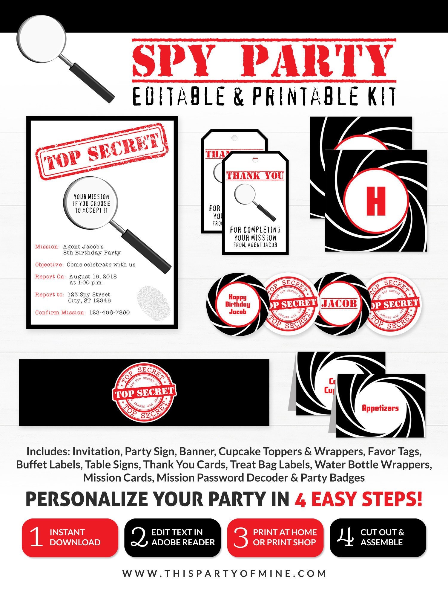 Spy Birthday Party Invitation & Decorations INSTANT DOWNLOAD Printable Package