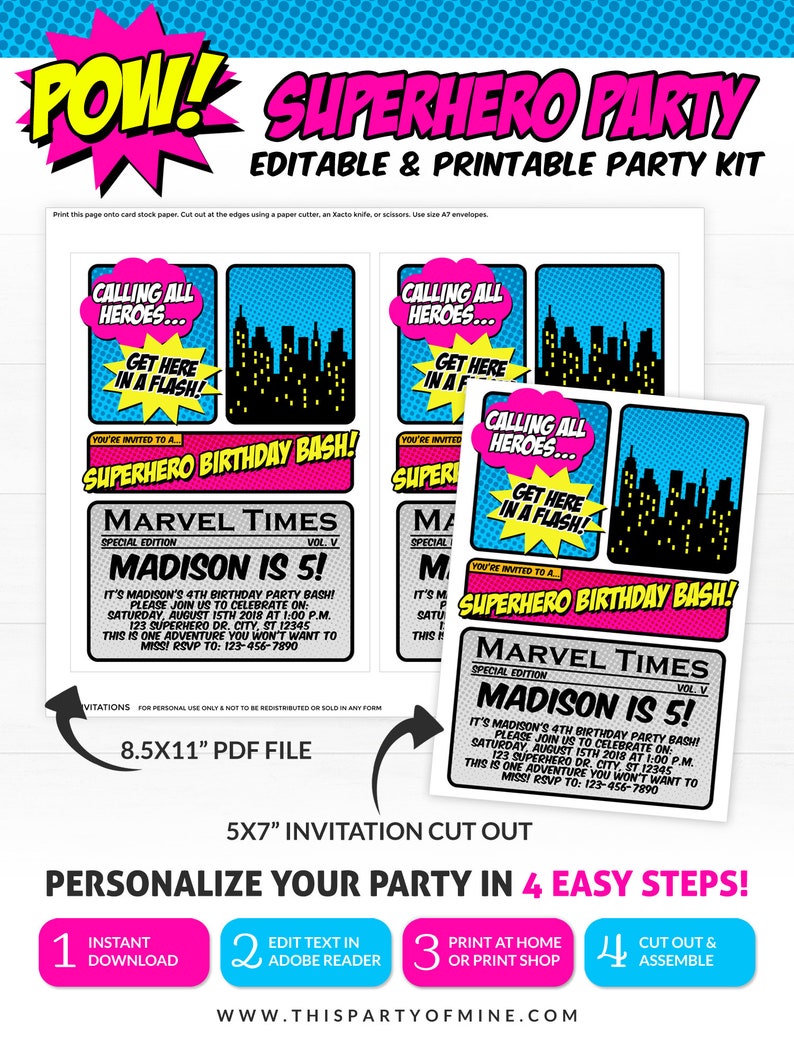 Girls Superhero Birthday Party Invitations & Decorations image 3