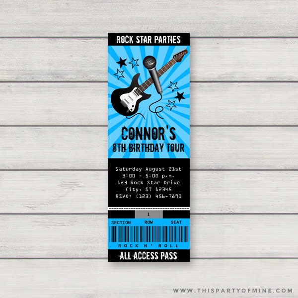 Rock Star Concert Ticket Invitation PRINTABLE Boy Rockstar Birthday Party Invitation INSTANT DOWNLOAD with Editable Text