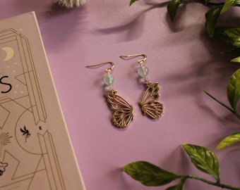 Green Fluorite Gold Butterfly Wing Earrings | Cottagecore Jewelry | Woodland | Ethereal