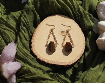 Tiger's Eye Crystal Slab Gold Chain Dangle Earrings | Sun Witch | Gemstone Jewelry | Solar Plexus | Leo Gifts