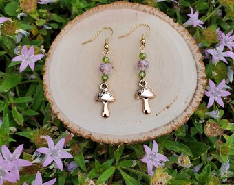 Rose Gold Mushroom Pink and Green Swarovski Crystal Earrings | Toadstool | Cottagecore | Garden Witch | Forest Gifts