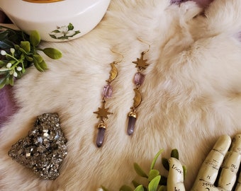 Amethyst and Gray Agate Gold Celestial Talisman Earrings | Boho Bridal | Moon Jewelry | Light Academia