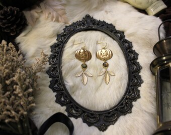 Labradorite Gold Jack-o-Lantern Pumpkin Earrings | Halloween Jewelry | Whimsigoth | Dark Cottagecore | Victorian