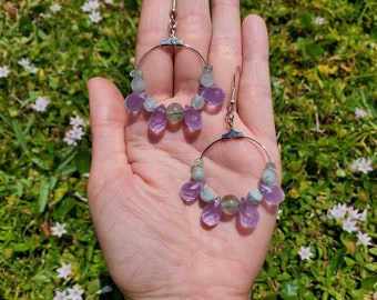The Sage Green Fluorite, Lavender Chalcedony, and Aquamarine Silver Crystal Hoop Earrings | Gemstone | Fairy Cosplay