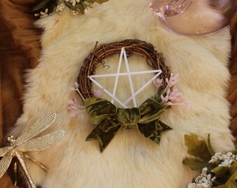 Green Bow Pink Floral Mini Pentacle Wreath | Witch Altar Decor | Eostre | Spring Equinox | Summer Solstice