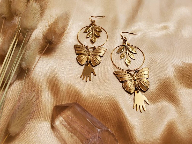 Gold Butterfly Nature Goddess Hoop Earrings Irene Gold Botanical Hand and Butterfly Hoop Earrings